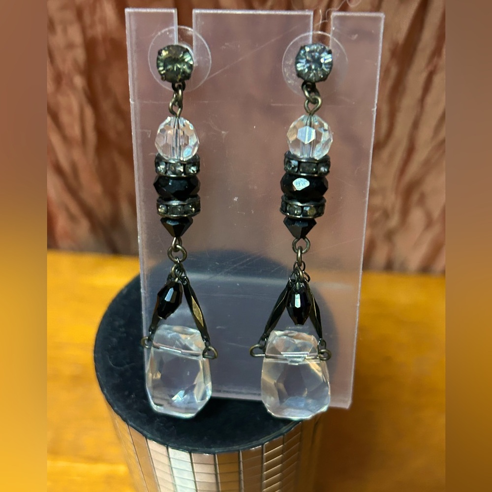 Crystal and Onyx, silver dangle, couture, one of a kind earrings pierced